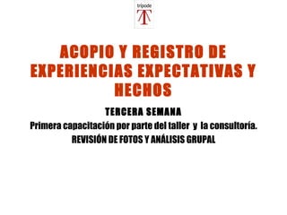 ACOPIO Y REGISTRO DE EXPERIENCIAS EXPECTATIVAS Y HECHOS TERCERA SEMANA Primera capacitación por parte del taller  y  la consultoría. REVISIÓN DE FOTOS Y ANÁLISIS GRUPAL 