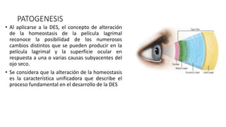PATOGENESIS
• Al aplicarse a la DES, el concepto de alteración
de la homeostasis de la película lagrimal
reconoce la posibilidad de los numerosos
cambios distintos que se pueden producir en la
película lagrimal y la superficie ocular en
respuesta a una o varias causas subyacentes del
ojo seco.
• Se considera que la alteración de la homeostasis
es la característica unificadora que describe el
proceso fundamental en el desarrollo de la DES
 