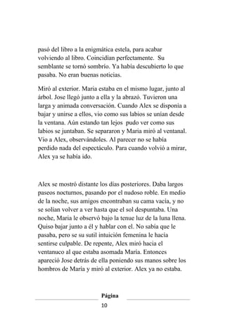 pasó del libro a la enigmática estela, para acabar
volviendo al libro. Coincidían perfectamente. Su
semblante se tornó sombrío. Ya había descubierto lo que
pasaba. No eran buenas noticias.

Miró al exterior. Maria estaba en el mismo lugar, junto al
árbol. Jose llegó junto a ella y la abrazó. Tuvieron una
larga y animada conversación. Cuando Alex se disponía a
bajar y unirse a ellos, vio como sus labios se unían desde
la ventana. Aún estando tan lejos pudo ver como sus
labios se juntaban. Se separaron y Maria miró al ventanal.
Vio a Alex, observándoles. Al parecer no se había
perdido nada del espectáculo. Para cuando volvió a mirar,
Alex ya se había ido.



Alex se mostró distante los días posteriores. Daba largos
paseos nocturnos, pasando por el nudoso roble. En medio
de la noche, sus amigos encontraban su cama vacía, y no
se solían volver a ver hasta que el sol despuntaba. Una
noche, Maria le observó bajo la tenue luz de la luna llena.
Quiso bajar junto a él y hablar con el. No sabía que le
pasaba, pero se su sutil intuición femenina le hacía
sentirse culpable. De repente, Alex miró hacia el
ventanuco al que estaba asomada María. Entonces
apareció Jose detrás de ella poniendo sus manos sobre los
hombros de María y miró al exterior. Alex ya no estaba.



                         Página
                         10
 