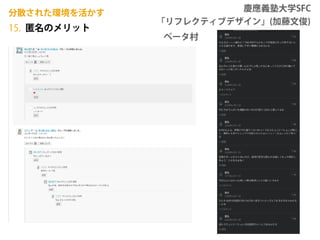 匿名のメリット
15.
分散された環境を活かす
慶應義塾大学SFC
「リフレクティブデザイン」(加藤文俊)
ベータ村
 