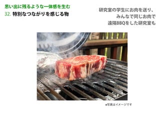 特別なつながりを感じる物
32.
思い出に残るような一体感を生む
※写真はイメージです
研究室の学生にお肉を送り、
みんなで同じお肉で
遠隔BBQをした研究室も
 