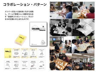 コラボレーション・パターン
Ver. 0.50
Presentation Patterns Project
創造的プレゼンテーションのパターン・ランゲージ
プレゼンテーション・パターン
A Pattern Language for Creative Presentations
創造的プレゼンテーションのパター
ランゲージ（2011）
Ver. 0.60
November, 2012
http://collabpatterns.sfc.keio.ac.jp
http://twitter.com/collabpatterns
collabpatterns@sfc.keio.ac.jp
Collaboration Patterns Project
創造的コラボレーシ
ョン
未来への使命感
方法のイノベーシ
ョン
伝説をつく
る
成長のスパイラル
共感のチームづく
り
レスポンス
・
ラリー
一体感をつく
る
貢献の領域
成長のリターン
自発的なコミッ
トメント
ゆるやかなつながり
弱さの共有
感謝のことば
創発的な勢い
まとまった時間
創造の場づく
り
活動の足あと
意味のある混沌
アイデアをカタチに
インサイド
・
イノベーター
ゴールへの道のり
臨機応変な動き
飛躍のための仕込み
世界を変える力
クオリティ
・
ライン
こだわり合う
一度こわす
期待を超える
ファンをつく
る
広がりの戦略
世界の文脈
つく
り続ける強さ
感性を磨く
0
1
2
3
4
5
6
7
8
9
10
11
12
13
14
15
16
17
18
19
20
21
22
23
24
25
26
27
28
29
30
31
32
33 Ver. 0.60
Collaboration Patterns Project
Collaboration
Patterns
:
コラボレーション・パターン
̶
創造的コラボレーションのパターン・ランゲージ
(ver.
0.60)
創造的コラボレーションのパターン・ランゲージ
コラボレーション・パターン
コラボレーション・パターン
創造的コラボレーションのパター
ランゲージ（2012）
A Creative Collab
world. In a Cr
produced where
together. This ne
member but to t
Collaboration be
Collaboration Pa
tips, methods, an
The Collaboration
summarizes the
experience into
occurs in a certa
it a name. The u
on the basis of t
abstract solution
The Collaboratio
helps a team a
discovering ways
can also imagine
through the pag
Patterns to make
Takashi Iba is a
Management a
Governance at K
Media and Gov
continued as a v
Intelligence durin
with his studen
concerning hum
(2014), Presenta
in Japanese suc
Systems (1998).
井庭研3部作
メンバーが互いに高めあいながら成長
し、チームで素晴らしい成果を生み出
す「創造的コラボレーション」のコツ
を34の言葉にまとめたものです。
 