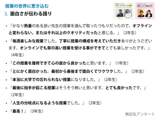 面白さが伝わる語り
授業の世界に惹き込む
5.
• 「かなり熱量のある良い先生の授業を選んで取ったつもりだったので、オフライン
と変わらない、またはそれ以上のクオリティだったと感じる。」（2年生）
• 「毎週楽しみな授業でした。丁寧に授業の構成を考えていただきありがとうござい
ます。オンラインでも質の高い授業を受ける事ができてとても楽しかったです。」
（4年生）
• 「この授業を履修できて心の底から良かったと思います。」（1年生）
• 「とにかく面白かった。最初から最後まで面白くてワクワクした。」（2年生）
• 「本当に大学での忘れられない授業になりました。」（2年生）
• 「最後に拍手が起こる授業はそうそう無いと思います。とても良かったです。」
（2年生）
• 「人生の分岐点になるような授業でした。」（2年生）
• 「最高！」（3年生）
無記名アンケート
創造システム理論 2020
慶應義塾大学 SFC 授業
ゆるい創造 / カオス /ト
リ
ックスター
online!
若新 雄純
井庭 崇
 