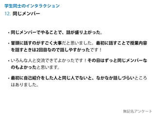 同じメンバー
学生同士のインタラクション
12.
• 同じメンバーでやることで、話が盛り上がった。
• 冒頭に話すのがすごく大事だと思いました。最初に話すことで授業内容
を話すときは2回目なので話しやすかったです！
• いろんな人と交流できてよかったです！その日はずっと同じメンバーな
のもよかったと思います。
• 最初に自己紹介をした人と同じ人でないと、なかなか話しづらいところ
はありました。
無記名アンケート
 