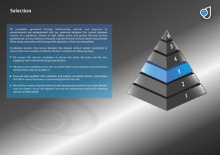 Selection


All candidates generated through head-hunting, referrals and responses to
advertisements are amalgamated with our extensive database. Our current database
consists of a signi cant volume of high calibre active and passive nancial services
professionals. It is our ability to intricately map the nancial services market that provides
Oliver James Associates with leverage that separates us from our competition.

A selection process then occurs between the relevant vertical market consultants to
discuss their most suitable candidates. We then complete the following steps:

  We contact the relevant candidates to discuss the client, the team and the role,
  supplying them with the formal job speci cation.

  We assess their suitability to the role, re-con rm their current situation and ensure that
  we have their most up-to-date CV.

  Once we have quali ed their suitability and interest, we obtain written con rmation
  that Oliver James Associates is representing them for the role.

  We will then create a shortlist which we will subsequently present to our client. We also
  save our clients a lot of the legwork: we carry out referencing checks and screening
  services on their behalf.
 