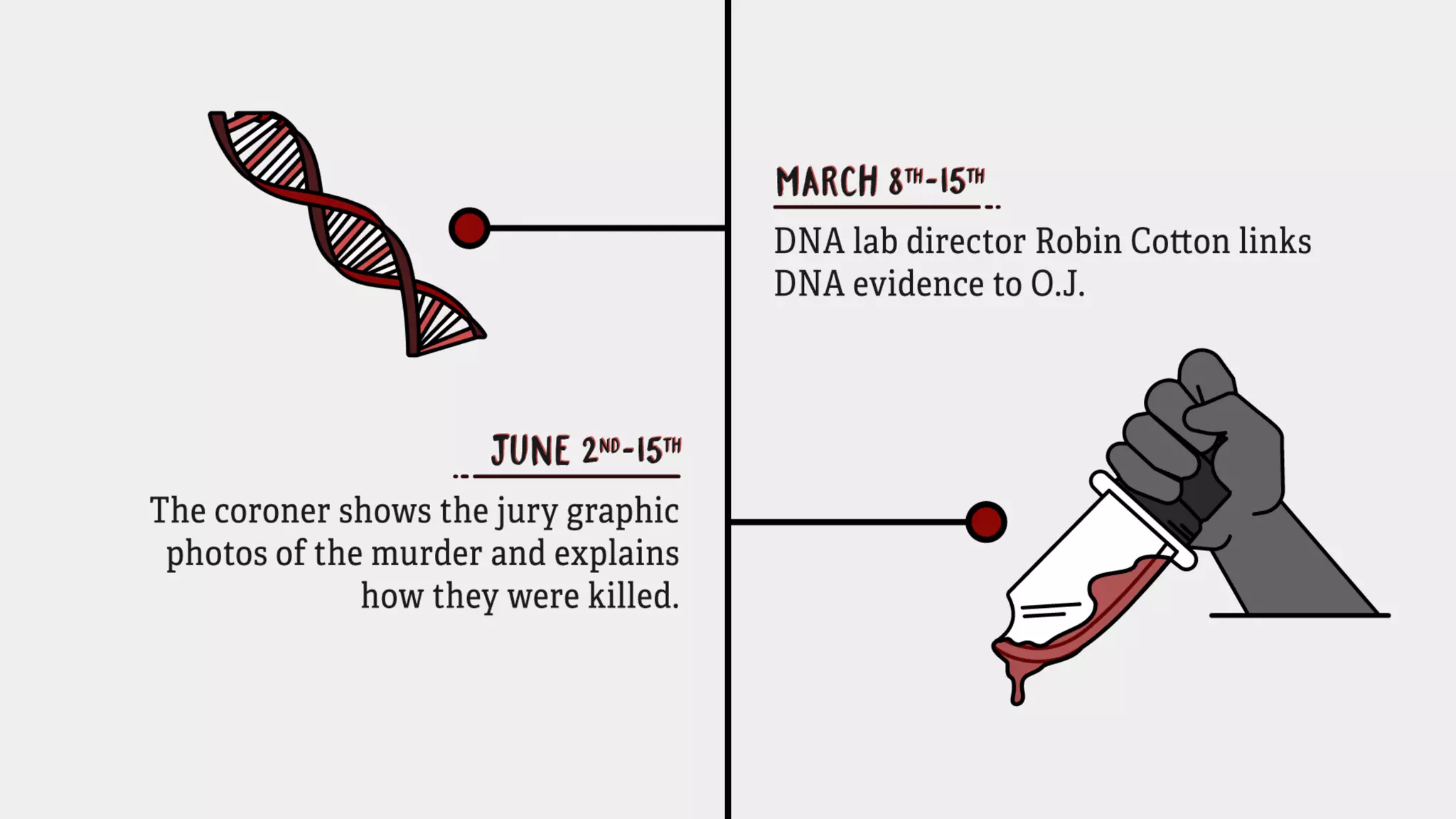 March 8th - 15th: DNA lab director Robin Cotton links DNA evidence to O.J.
June 2nd - 15th:The coroner shows the jury graphic photos of the murder and
explains how they were killed.
 