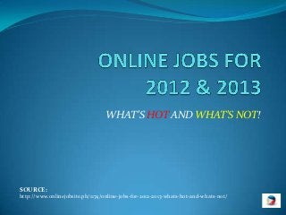 WHAT’S HOT AND WHAT’S NOT!




SOURCE:
http://www.onlinejobsite.ph/1174/online-jobs-for-2012-2013-whats-hot-and-whats-not/
 