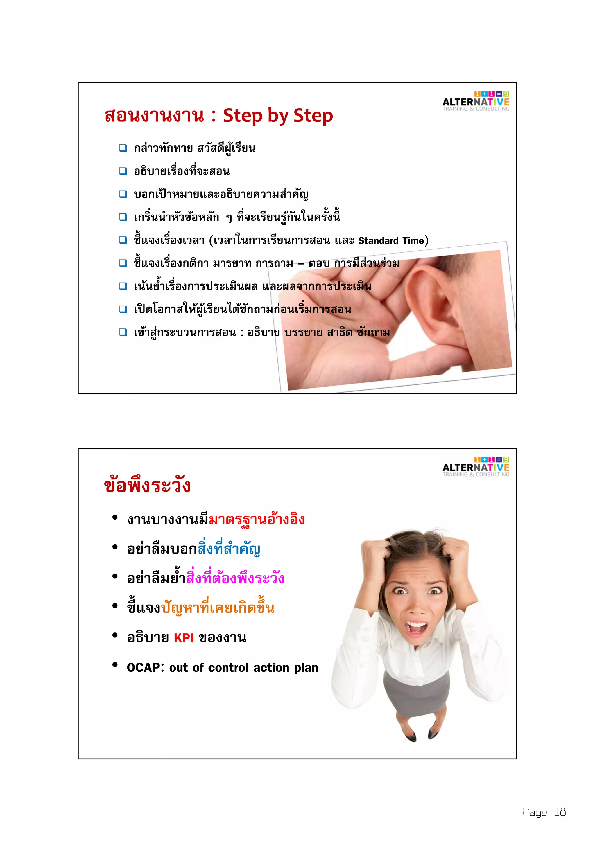 Page 18
สอนงานงาน : Step by Step
กล่าวทักทาย สวัสดีผู้เรียน
อธิบายเรืองทีจะสอน
บอกเป้ าหมายและอธิบายความสําคัญ
เกรินนําหัวข้อหลัก ๆ ทีจะเรียนรู้กันในครังนี
ชีแจงเรืองเวลา (เวลาในการเรียนการสอน และ Standard Time)
ชีแจงเรืองกติกา มารยาท การถาม – ตอบ การมีส่วนร่วม
เน้นยําเรืองการประเมินผล และผลจากการประเมิน
เปิดโอกาสให้ผู้เรียนได้ซักถามก่อนเริมการสอน
เข้าสู่กระบวนการสอน : อธิบาย บรรยาย สาธิต ซักถาม
ข้อพึงระวัง
• งานบางงานมีมาตรฐานอ้างอิง
• อย่าลืมบอกสิงทีสําคัญ
• อย่าลืมยําสิงทีต้องพึงระวัง
• ชีแจงปัญหาทีเคยเกิดขึน
• อธิบาย KPI ของงาน
• OCAP: out of control action plan
 