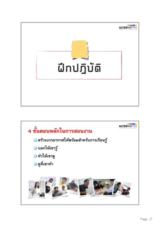 Page 17
4 ขันตอนหลักในการสอนงาน
สร้างบรรยากาศให้พร้อมสําหรับการเรียนรู้
บอกให้เขารู้
ทําให้เขาดู
ดูทีเขาทํา
 