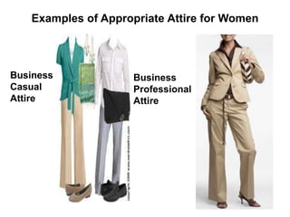 Examples of Appropriate Attire for Women
Business
Casual
Attire
Business
Professional
Attire
 
