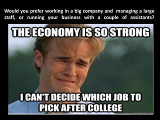 Would you prefer working in a big company and managing a large
staff, or running your business with a couple of assistants?
 