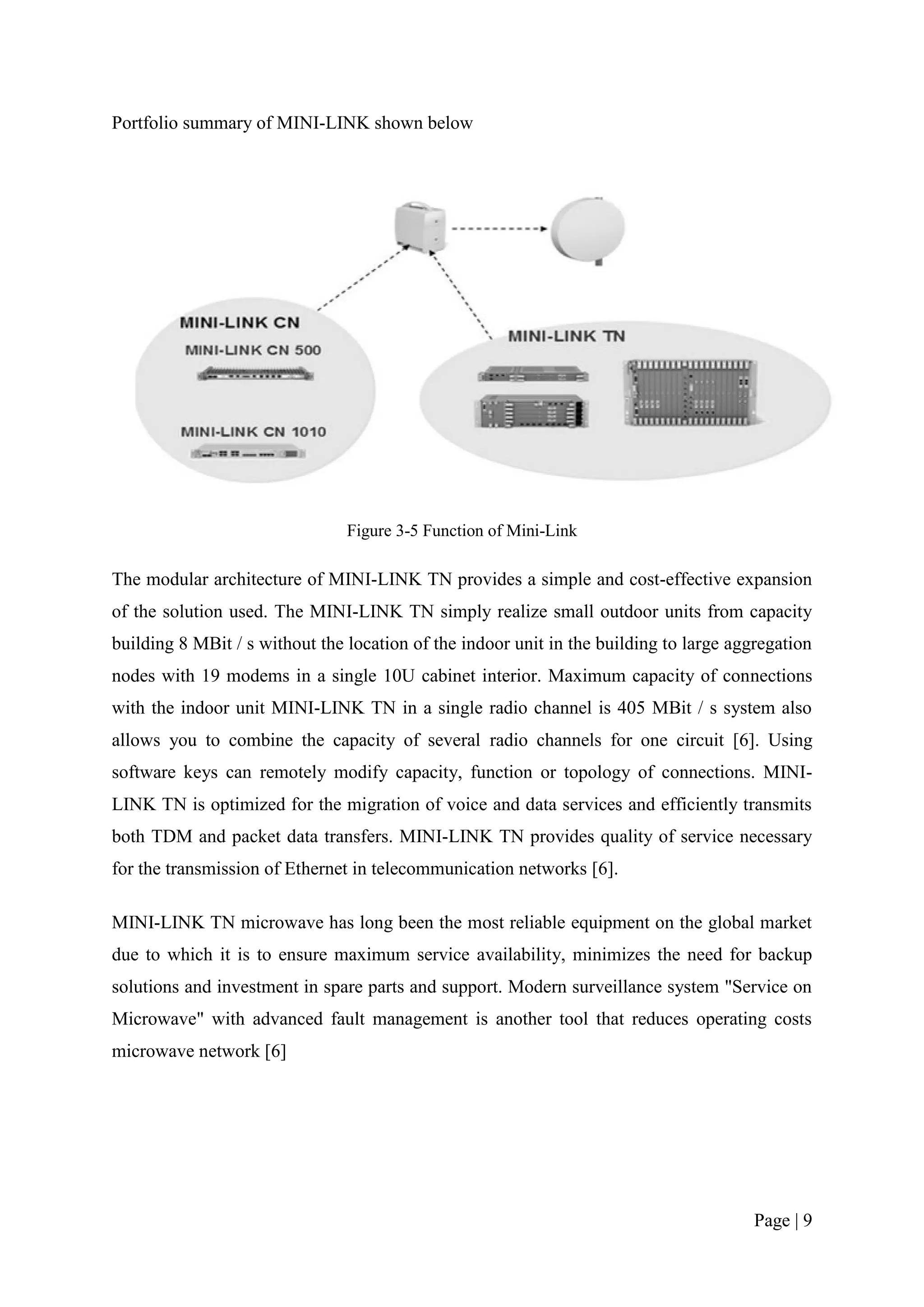 Portfolio summary of MINI-LINK shown below




                                Figure 3-5 Function of Mini-Link

The modular architecture of MINI-LINK TN provides a simple and cost-effective expansion
of the solution used. The MINI-LINK TN simply realize small outdoor units from capacity
building 8 MBit / s without the location of the indoor unit in the building to large aggregation
nodes with 19 modems in a single 10U cabinet interior. Maximum capacity of connections
with the indoor unit MINI-LINK TN in a single radio channel is 405 MBit / s system also
allows you to combine the capacity of several radio channels for one circuit [6]. Using
software keys can remotely modify capacity, function or topology of connections. MINI-
LINK TN is optimized for the migration of voice and data services and efficiently transmits
both TDM and packet data transfers. MINI-LINK TN provides quality of service necessary
for the transmission of Ethernet in telecommunication networks [6].

MINI-LINK TN microwave has long been the most reliable equipment on the global market
due to which it is to ensure maximum service availability, minimizes the need for backup
solutions and investment in spare parts and support. Modern surveillance system "Service on
Microwave" with advanced fault management is another tool that reduces operating costs
microwave network [6]




                                                                                        Page | 9
 