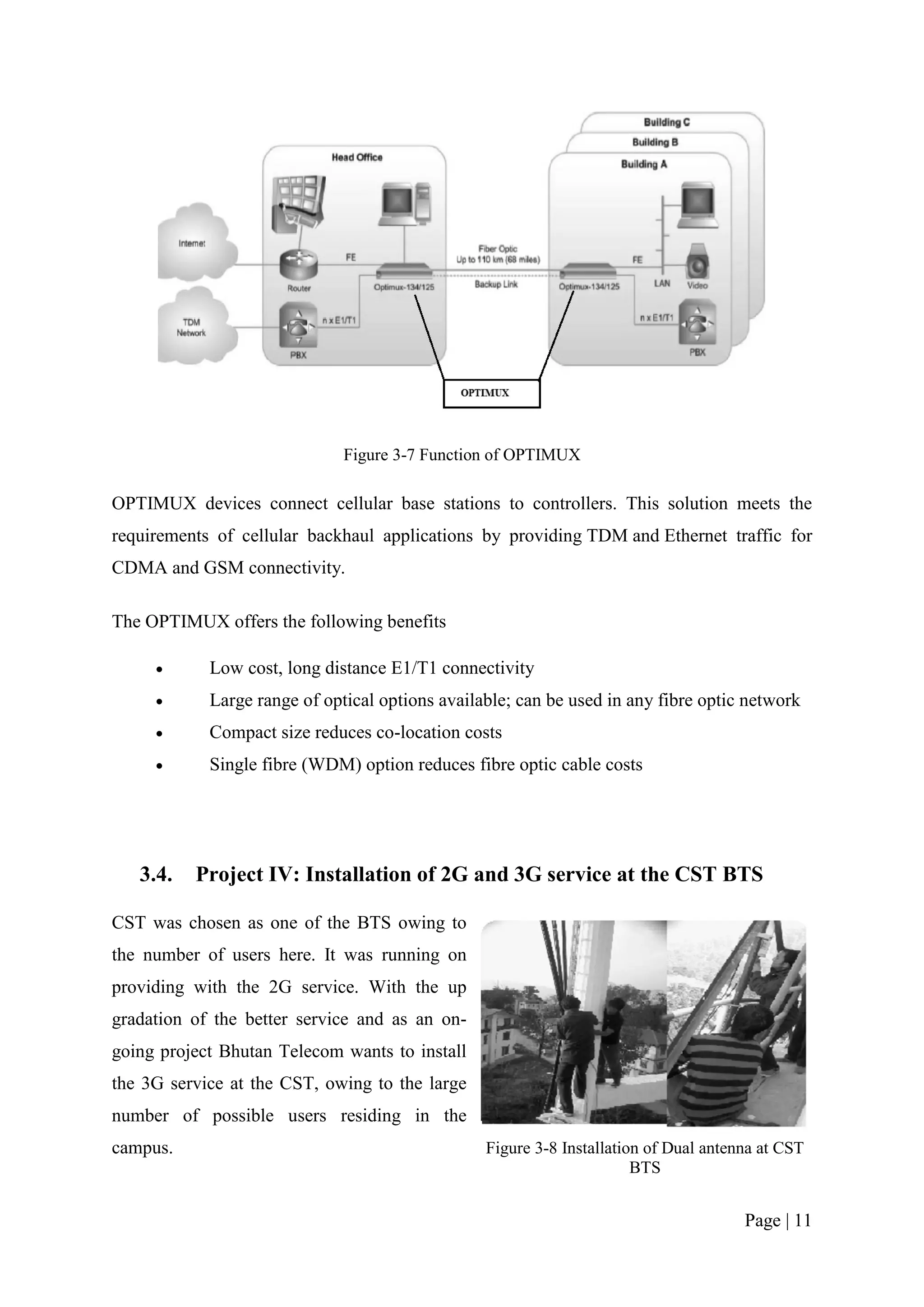 Figure 3-7 Function of OPTIMUX

OPTIMUX devices connect cellular base stations to controllers. This solution meets the
requirements of cellular backhaul applications by providing TDM and Ethernet traffic for
CDMA and GSM connectivity.

The OPTIMUX offers the following benefits

           Low cost, long distance E1/T1 connectivity
           Large range of optical options available; can be used in any fibre optic network
           Compact size reduces co-location costs
           Single fibre (WDM) option reduces fibre optic cable costs




   3.4.   Project IV: Installation of 2G and 3G service at the CST BTS

CST was chosen as one of the BTS owing to
the number of users here. It was running on
providing with the 2G service. With the up
gradation of the better service and as an on-
going project Bhutan Telecom wants to install
the 3G service at the CST, owing to the large
number of possible users residing in the
campus.                                          Figure 3-8 Installation of Dual antenna at CST
                                                                       BTS


                                                                                      Page | 11
 