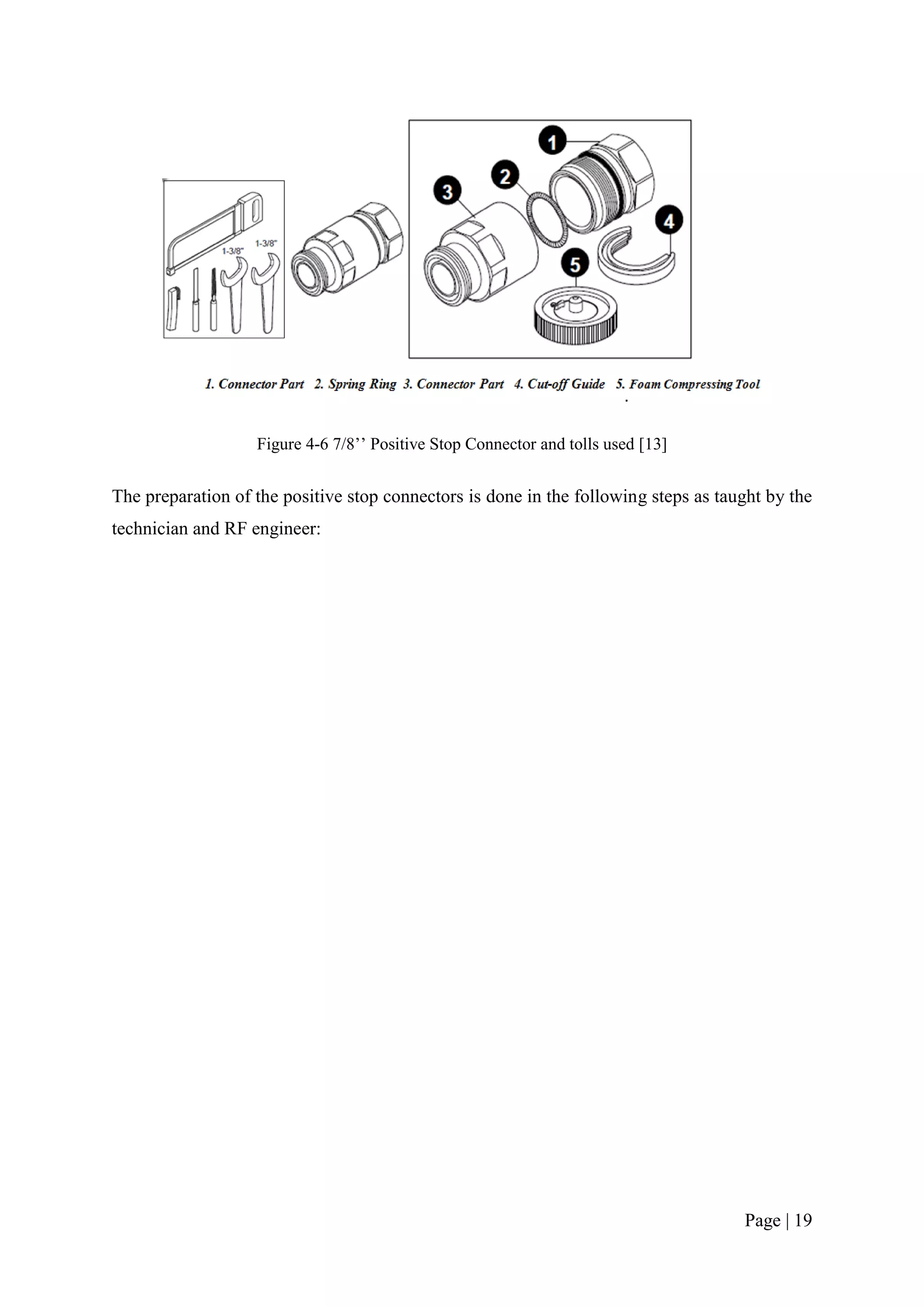 Figure 4-6 7/8’’ Positive Stop Connector and tolls used [13]


The preparation of the positive stop connectors is done in the following steps as taught by the
technician and RF engineer:




                                                                                     Page | 19
 