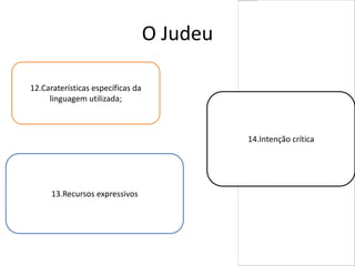 O Judeu
Linguagem popular-calão-como
12.Caraterísticas específicas da
por exemplo: “ filho da cornuda”.
linguagem utilizada;

A intenção crítica desta cena
é explicar a discriminação
social 14.Intenção crítica pela
vivida
comunidade Judaica naquela

Ironia: na conversa entre o Diabo e o Judeu;
Perífrase: “ao senhor meirinho apraz “;
13.Recursos expressivos
Imperativo: “ Vós , Judeu irês à toa, que sois
mui ruim pessoa” .

época.

 