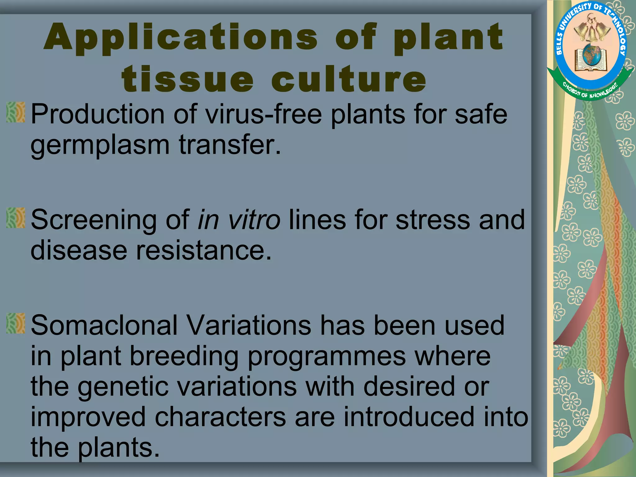 Plant Tissue Culture, Methods and Applications PPT