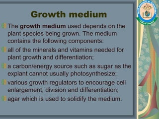 Growth medium
The growth medium used depends on the
plant species being grown. The medium
contains the following components:
all of the minerals and vitamins needed for
plant growth and differentiation;
a carbon/energy source such as sugar as the
explant cannot usually photosynthesize;
various growth regulators to encourage cell
enlargement, division and differentiation;
agar which is used to solidify the medium.
 