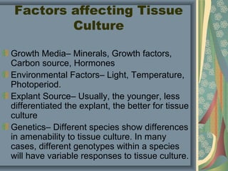 Growth Media– Minerals, Growth factors,
Carbon source, Hormones
Environmental Factors– Light, Temperature,
Photoperiod.
Explant Source– Usually, the younger, less
differentiated the explant, the better for tissue
culture
Genetics– Different species show differences
in amenability to tissue culture. In many
cases, different genotypes within a species
will have variable responses to tissue culture.
Factors affecting Tissue
Culture
 