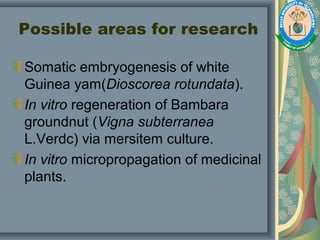 Possible areas for research
Somatic embryogenesis of white
Guinea yam(Dioscorea rotundata).
In vitro regeneration of Bambara
groundnut (Vigna subterranea
L.Verdc) via mersitem culture.
In vitro micropropagation of medicinal
plants.
 