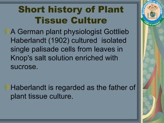 Short history of Plant
Tissue Culture
A German plant physiologist Gottlieb
Haberlandt (1902) cultured isolated
single palisade cells from leaves in
Knop's salt solution enriched with
sucrose.
Haberlandt is regarded as the father of
plant tissue culture.
 
