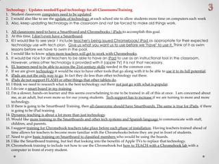 Technology : Updates needed/Equal technology for all Classrooms/Training
1. Student classroom computers need to be updated.
2. I would also like to see the update of technology at each school site to allow students more time on computers each week
3. Also, keep updating technology in the classroom and not be forced to make old things work.
1. All classrooms need to have a Smartboard and Chromebooks / iPads to accomplish this goal.
2. At this time, I don't even have a Smartboard.
3. Kl I would like to see year 1 include teacher's being issued Chromebook/ iPad as appropriate for their expected
technology use with tech plan. Give us what you want us to use before we "have" to use it. Think of it as swim
lessons before we have to swim in the pool.
4. I would like to know when more teachers will get to work with Chromebooks.
5. It would be nice for all teachers to be able to have an iPad to use as an instructional tool in the classroom.
However, unless other technology is provided with it (apple TV) it is not that necessary.
6. EL learners need to be able to access the 21st century skills needed in the common core.
7. If we are given technology it would be nice to have other tools that go along with it to be able to use it to its full potential.
8. iPads are not the only way to go. In fact they do less than other technology out there.
9. iPads do not support FLASH or other things that other tablets do.
10. I think we need to research what is the best technology out there not just go with what is popular.
11. I do use a smart board in my training.
12. I'm a slower, hands-on learner and this seems overwhelming to me to be trained in all of this at once. I am concerned about
me, as an adult, but even more so for our young students. Tech support has to increase if we are turning to more and more
technology.
13. If there is going to be Smartboard Training, then all classrooms should have Smartboards. The same is true for iPads, if there
is going to be iPad training
14. Dynamic teaching is about a lot more than just technology.
15. Would like more training in the Smartboards and other tech systems and Spanish language to communicate with staff,
children, and parents.
16. I suggest training for Chromebook teachers take place before each phase of installation. Having teachers trained ahead of
time allows for teachers to become more familiar with the Chromebooks before they are put in front of students.
17. Need to give basic training on Smartboard to classified members who would be using the boards.
18. I like the Smartboard training, but feel that looking into the benefits of Apple TVs to replace that technology.
19. Chromebook training to include not how to use the Chromebook but how to TEACH with a Chromebook lab with a
computer in front of every student.
 