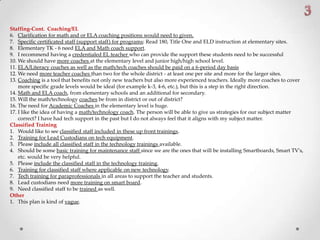 Staffing-Cont. Coaching/EL
6. Clarification for math and or ELA coaching positions would need to given.
7. Specific certificated staff (support staff) for programs: Read 180, Title One and ELD instruction at elementary sites.
8. Elementary TK - 6 need ELA and Math coach support.
9. I recommend having a credentialed EL teacher who can provide the support these students need to be successful
10. We should have more coaches at the elementary level and junior high/high school level.
11. ELA/Literacy coaches as well as the math/tech coaches should be paid on a 6-period day basis
12. We need more teacher coaches than two for the whole district - at least one per site and more for the larger sites.
13. Coaching is a tool that benefits not only new teachers but also more experienced teachers. Ideally more coaches to cover
more specific grade levels would be ideal (for example k-3, 4-6, etc.), but this is a step in the right direction.
14. Math and ELA coach, from elementary schools and an additional for secondary.
15. Will the math/technology coaches be from in district or out of district?
16. The need for Academic Coaches in the elementary level is huge.
17. I like the idea of having a math/technology coach. The person will be able to give us strategies for our subject matter
correct? I have had tech support in the past but I do not always feel that it aligns with my subject matter.
Classified Training
1. Would like to see classified staff included in these up front trainings.
2. Training for Lead Custodians on tech equipment.
3. Please include all classified staff in the technology trainings available.
4. Should be some basic training for maintenance staff since we are the ones that will be installing Smartboards, Smart TV's,
etc. would be very helpful.
5. Please include the classified staff in the technology training.
6. Training for classified staff where applicable on new technology.
7. Tech training for paraprofessionals in all areas to support the teacher and students.
8. Lead custodians need more training on smart board.
9. Need classified staff to be trained as well.
Other
1. This plan is kind of vague.
 