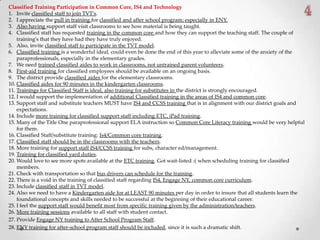 Classified Training Participation in Common Core, IS4 and Technology
1. Invite classified staff to join TVT's.
2. I appreciate the pull in training for classified and after school program; especially in ENY.
3. Also having support staff visit classrooms to see how material is being taught.
4. Classified staff has requested training in the common core and how they can support the teaching staff. The couple of
training's that they have had they have truly enjoyed.
5. Also, invite classified staff to participate in the TVT model.
6. Classified training is a wonderful ideal, could even be done the end of this year to alleviate some of the anxiety of the
paraprofessionals, especially in the elementary grades.
7. We need trained classified aides to work in classrooms, not untrained parent volunteers.
8. First-aid training for classified employees should be available on an ongoing basis.
9. The district provide classified aides for the elementary classrooms.
10. Classified aides for 90 minutes in the kindergarten classrooms.
11. Trainings for Classified Staff is ideal, also training for substitutes in the district is strongly encouraged.
12. I would support the implementation of additional Classified training in the areas of IS4 and common core.
13. Support staff and substitute teachers MUST have IS4 and CCSS training that is in alignment with our district goals and
expectations.
14. Include more training for classified support staff including ETC, iPad training.
15. Many of the Title One paraprofessional support ELA instruction so Common Core Literacy training would be very helpful
for them.
16. Classified Staff/substitute training: Is4/Common core training.
17. Classified staff should be in the classrooms with the teachers.
18. More training for support staff IS4/CCSS training for subs, character ed/management.
19. Training for classified yard duties.
20. Would love to see more spots available at the ETC training. Got wait-listed :( when scheduling training for classified
members.
21. Check with transportation so that bus drivers can schedule for the training.
22. There is a void in the training of classified staff regarding IS4, Engage NY, common core curriculum.
23. Include classified staff in TVT model.
24. Also we need to have a Kindergarten aide for at LEAST 90 minutes per day in order to insure that all students learn the
foundational concepts and skills needed to be successful at the beginning of their educational career.
25. I feel the support staff would benefit most from specific training given by the administration/teachers.
26. More training sessions available to all staff with student contact.
27. Provide Engage NY training to After School Program Staff.
28. ENY training for after-school program staff should be included, since it is such a dramatic shift.
 