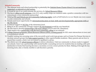 Schools/Community
1. The ultimate home and school partnership is potentially the Oakdale Home Charter School. It is not mentioned,
supported, or referred to in this section.
2. It would be nice if we could reinstate the services of a School Resource Officer.
3. Having an officer on all campuses, even if it's only weekly, helps our students make a positive connection with law
enforcement, a true community partnership!
4. Helping PTC and Schools put on Community Gathering nights; such as Fall Festival or so on. Maybe one every season
to unite community and schools.
5. Parents need more opportunity for information/education on basic skills and developmentally appropriate skills at
the TK-2 level.
6. Continual support of AG Day at the elementary level.
7. Being in an AG community strongly support AG development would be very beneficial.
8. We also need to develop partnerships with local colleges (YCCD and CSU, Stanislaus).
9. There needs to be a partnership with the local community college as an outreach.
10. College Outreach programs, School Resource Officers (OPD), crossing guards for ALL main intersections in town and
in front/behind schools.
11. Possibly looking into accessing some of the non profit social work type groups; such as Center For Human Services to
develop outreach groups that help support parents in other aspects besides academic. Many parents ask me how to
parent their student, which I am not trained or qualified to advise.
12. The district provide school resource officers to enforce attendance. I feel our community is always ready to support
our schools. I don't see a partnership with mental health / counseling services for students that are dealing with such
dysfunction at home that learning becomes a secondary or even a lower priority for them. Making it through the day
knowing mom, dad, or family member is safe becomes a priority.
 