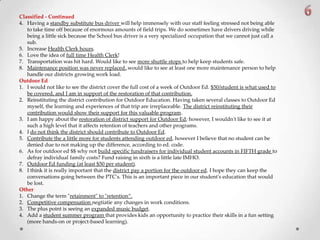 Classified - Continued
4. Having a standby substitute bus driver will help immensely with our staff feeling stressed not being able
to take time off because of enormous amounts of field trips. We do sometimes have drivers driving while
being a little sick because the School bus driver is a very specialized occupation that we cannot just call a
sub.
5. Increase Health Clerk hours.
6. Love the idea of full time Health Clerk!
7. Transportation was hit hard. Would like to see more shuttle stops to help keep students safe.
8. Maintenance position was never replaced..would like to see at least one more maintenance person to help
handle our districts growing work load.
Outdoor Ed
1. I would not like to see the district cover the full cost of a week of Outdoor Ed. $50/student is what used to
be covered, and I am in support of the restoration of that contribution.
2. Reinstituting the district contribution for Outdoor Education. Having taken several classes to Outdoor Ed
myself, the learning and experiences of that trip are irreplaceable. The district reinstituting their
contribution would show their support for this valuable program.
3. I am happy about the restoration of district support for Outdoor Ed; however, I wouldn't like to see it at
such a high level that it affects retention of teachers and other programs.
4. I do not think the district should contribute to Outdoor Ed.
5. Contribute the a little more for students attending outdoor ed, however I believe that no student can be
denied due to not making up the difference, according to ed. code.
6. As for outdoor ed $$ why not build specific fundraisers for individual student accounts in FIFTH grade to
defray individual family costs? Fund raising in sixth is a little late IMHO.
7. Outdoor Ed funding (at least $50 per student).
8. I think it is really important that the district pay a portion for the outdoor ed. I hope they can keep the
conversations going between the PTC's. This is an important piece in our student's education that would
be lost.
Other
1. Change the term "retainment" to "retention“.
2. Competitive compensation negtiatie any changes in work conditions.
3. The plus point is seeing an expanded music budget.
4. Add a student summer program that provides kids an opportunity to practice their skills in a fun setting
(more hands-on or project-based learning).
 