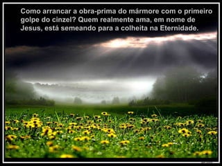 Texto Matriz Como arrancar a obra-prima do mármore com o primeiro golpe do cinzel? Quem realmente ama, em nome de Jesus, está semeando para a colheita na Eternidade.  