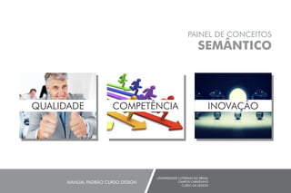UNIVERSIDADE LUTERANA DO BRASIL
CAMPUS CARAZINHO
CURSO DE DESIGN
MANUAL PADRÃO CURSO DESIGN
PAINEL DE CONCEITOS
SEMÂNTICO
QUALIDADE COMPETÊNCIA INOVAÇÃO
 