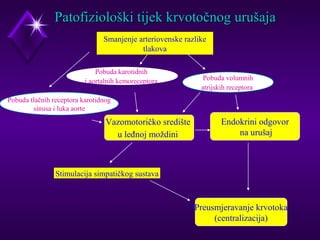 tij Patofiziološki tijeekk kkrrvvoottooččnnoogg uurruuššaajjaa 
Pobuda karotidnih 
i aortalnih kemoreceptora Pobuda volumnih 
Vazomotoričko središte 
u leđnoj moždini 
Stimulacija simpatičkog sustava 
atrijskih receptora 
Pobuda tlačnih receptora karotidnog 
sinusa i luka aorte 
Smanjenje arteriovenske razlike 
tlakova 
Endokrini odgovor 
na urušaj 
Preusmjeravanje krvotoka 
(centralizacija) 
 