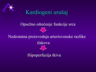 KKaarrddiiooggeennii uurruuššaajj 
Opsežno oštećenje funkcije srca 
Nedostatna proizvodnja arteriovenske razlike 
tlakova 
Hipoperfuzija tkiva 
 