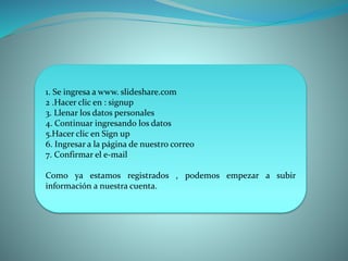 1. Se ingresa a www. slideshare.com
2 .Hacer clic en : signup
3. Llenar los datos personales
4. Continuar ingresando los datos
5.Hacer clic en Sign up
6. Ingresar a la página de nuestro correo
7. Confirmar el e-mail
Como ya estamos registrados , podemos empezar a subir
información a nuestra cuenta.
 
