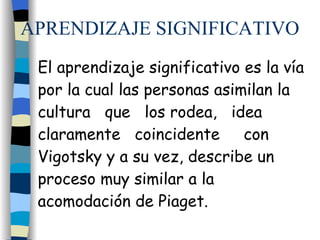APRENDIZAJE SIGNIFICATIVO El aprendizaje significativo es la vía por la cual las personas asimilan la cultura  que  los rodea,  idea claramente  coincidente  con  Vigotsky  y a su vez, describe un proceso muy similar a la acomodación de  Piaget .  