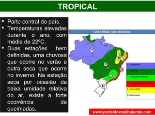 TROPICAL
 Parte central do país.
 Temperaturas elevadas
durante o ano, com
média de 22ºC.
 Duas estações bem
definidas, uma chuvosa
que ocorre no verão e
outra seca que ocorre
no inverno. Na estação
seca por ocasião da
baixa umidade relativa
do ar, existe a forte
ocorrência de
queimadas. www.portaldovestibulando.com
 