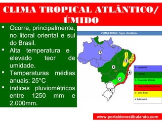 CLIMA TROPICAL ATLÂNTICO/
ÚMIDO
 Ocorre, principalmente,
no litoral oriental e sul
do Brasil.
 Alta temperatura e
elevado teor de
umidade.
 Temperaturas médias
anuais: 25°C
 índices pluviométricos
entre 1250 mm e
2.000mm.
www.portaldovestibulando.com
 