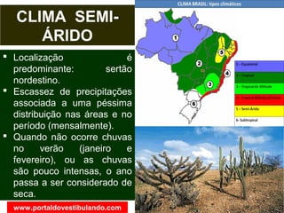  Localização é
predominante: sertão
nordestino.
 Escassez de precipitações
associada a uma péssima
distribuição nas áreas e no
período (mensalmente).
 Quando não ocorre chuvas
no verão (janeiro e
fevereiro), ou as chuvas
são pouco intensas, o ano
passa a ser considerado de
seca.
CLIMA SEMI-
ÁRIDO
www.portaldovestibulando.com
 