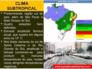  Predominante: região sul do
país, além de São Paulo e
Mato Grosso do Sul.
 Quatro estações bem
definidas.
 Elevada amplitude térmica
anual, que supera em alguns
anos os 15° C.
 Nas áreas serranas do sul de
Santa Catarina e do Rio
Grande do Sul, amplitude e
latitude combinam-se para
produzir as menores
temperaturas do pais, muitas
vezes atingindo temperaturas
negativas.
CLIMA
SUBTROPICAL
www.portaldovestibulando.com
 
