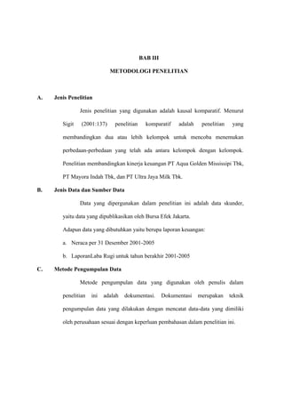 BAB III
METODOLOGI PENELITIAN
A. Jenis Penelitian
Jenis penelitian yang digunakan adalah kausal komparatif. Menurut
Sigit (2001:137) penelitian komparatif adalah penelitian yang
membandingkan dua atau lebih kelompok untuk mencoba menemukan
perbedaan-perbedaan yang telah ada antara kelompok dengan kelompok.
Penelitian membandingkan kinerja keuangan PT Aqua Golden Mississipi Tbk,
PT Mayora Indah Tbk, dan PT Ultra Jaya Milk Tbk.
B. Jenis Data dan Sumber Data
Data yang dipergunakan dalam penelitian ini adalah data skunder,
yaitu data yang dipublikasikan oleh Bursa Efek Jakarta.
Adapun data yang dibutuhkan yaitu berupa laporan keuangan:
a. Neraca per 31 Desember 2001-2005
b. LaporanLaba Rugi untuk tahun berakhir 2001-2005
C. Metode Pengumpulan Data
Metode pengumpulan data yang digunakan oleh penulis dalam
penelitian ini adalah dokumentasi. Dokumentasi merupakan teknik
pengumpulan data yang dilakukan dengan mencatat data-data yang dimiliki
oleh perusahaan sesuai dengan keperluan pembahasan dalam penelitian ini.
 
