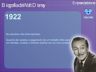 Empreendedorismo Biografia de Walt Disney No escritório não tinha banheiro. Quando ele recebeu o pagamento de um trabalho feito para um dentista, investiu o dinheiro todinho em um novo projeto: 1922 VOLTAR 
