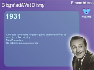 Empreendedorismo Biografia de Walt Disney A cor que novamente ninguém queria promover e Walt se associou a Technicolor  Três Porquinhos Os estúdios promoviam cursos 1931 VOLTAR 
