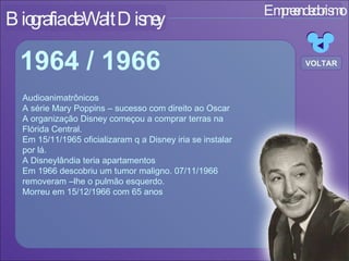 Empreendedorismo Biografia de Walt Disney Audioanimatrônicos A série Mary Poppins – sucesso com direito ao Oscar A organização Disney começou a comprar terras na  Flórida Central. Em 15/11/1965 oficializaram q a Disney iria se instalar  por lá. A Disneylândia teria apartamentos Em 1966 descobriu um tumor maligno. 07/11/1966  removeram –lhe o pulmão esquerdo. Morreu em 15/12/1966 com 65 anos  1964 / 1966 VOLTAR 