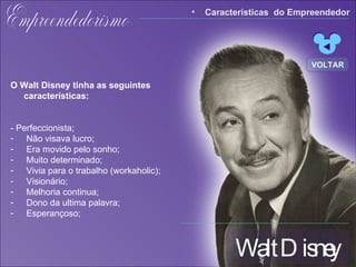 Walt Disney Empreendedorismo O Walt Disney tinha as seguintes características: - Perfeccionista; Não visava lucro; Era movido pelo sonho; Muito determinado; Vivia para o trabalho (workaholic); Visionário; Melhoria continua; Dono da ultima palavra; Esperançoso; Características   do Empreendedor VOLTAR 