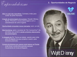 Walt Disney Empreendedorismo Alice no pais das maravilhas:  Contratou irmão para cuidar da parte financeira Criação de personagens de sucesso:  Oswald, Mickey, Bambi, Pinochio e novos personagens com a caracteriscas de outros lugares Oportunidade conquistar novos mercados : som, cor etc. Merchandising:   após o sucesso de “Os 3 porquinhos “  ele percebeu que poderia  vender produtos relacionados aos personagens . A chegada da TV:  Tornou-se aliada,  usando esta mídia para divulgação de seus projetos e assim, para torná-los possíveis Compra de terrenos por preços muito baixos na Florida : onde foram construídos grandes parques futuramente em local privilegiado. 2. Oportunidades de Negocio VOLTAR 