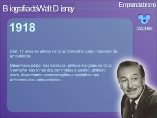 Empreendedorismo Biografia de Walt Disney Com 17 anos se alistou na Cruz Vermelha como motorista de ambulância. Desenhava pôster nas barracas, pintava insígnias da Cruz Vermelha  nas lonas dos caminhões e ganhou dinheiro extra, desenhando condecorações e medalhas nos  uniformes dos companheiros. 1918 VOLTAR 