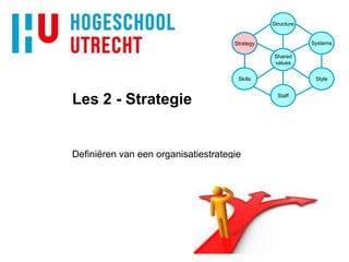 Les 2 - Strategie
Definiëren van een organisatiestrategie
Shared
values
Structure
Strategy
Skills
Staff
Style
Systems
 