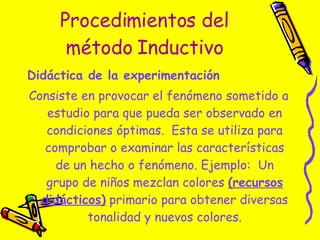 Procedimientos del método Inductivo Didáctica de la experimentación  Consiste en provocar el fenómeno sometido a estudio para que pueda ser observado en condiciones óptimas.  Esta se utiliza para comprobar o examinar las características de un hecho o fenómeno. Ejemplo:  Un grupo de niños mezclan colores  (recursos didácticos)  primario para obtener diversas tonalidad y nuevos colores. 