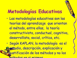 Metodologías Educativas Las metodologías educativas son las teorías del aprendizaje  que orientan el método, entre ellas,  la teoría constructivista, conductual, cognitiva, desarrollista, social, crítica, etc. Según KAPLAN, la metodología  es el estudio, descripción, explicación y justificación de los métodos y no los métodos en si mismos  