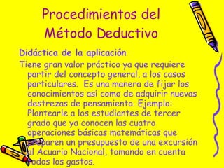Procedimientos del Método Deductivo Didáctica de la aplicación  Tiene gran valor práctico ya que requiere partir del concepto general, a los casos particulares.  Es una manera de fijar los conocimientos así como de adquirir nuevas destrezas de pensamiento. Ejemplo:  Plantearle a los estudiantes de tercer grado que ya conocen las cuatro operaciones básicas matemáticas que preparen un presupuesto de una excursión al Acuario Nacional, tomando en cuenta todos los gastos. 